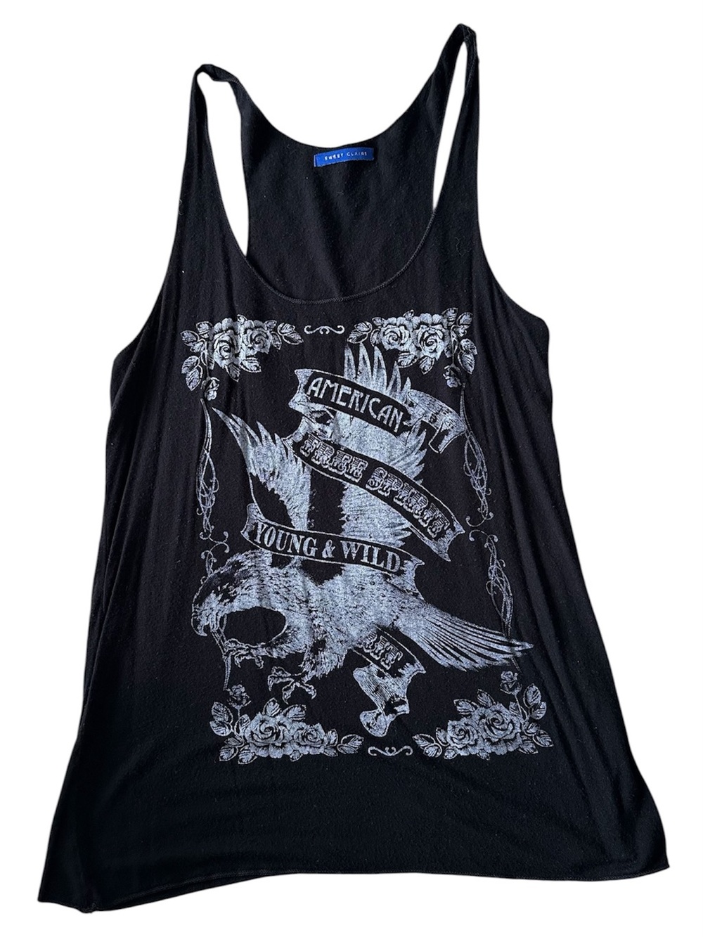 Sweet Claire Black Tank Top with White Eagle Graphic